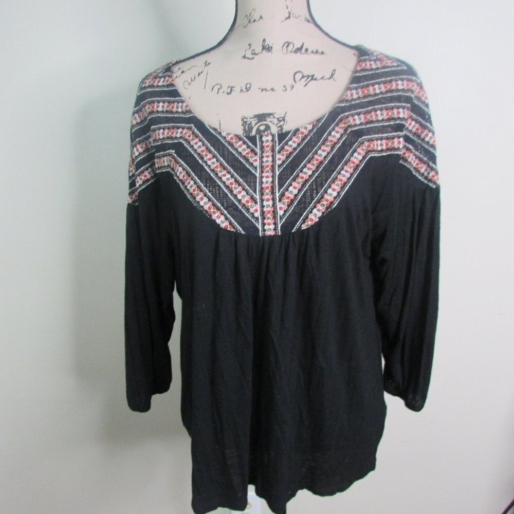 Lucky Brand Blouse L Black Floral Embroidery